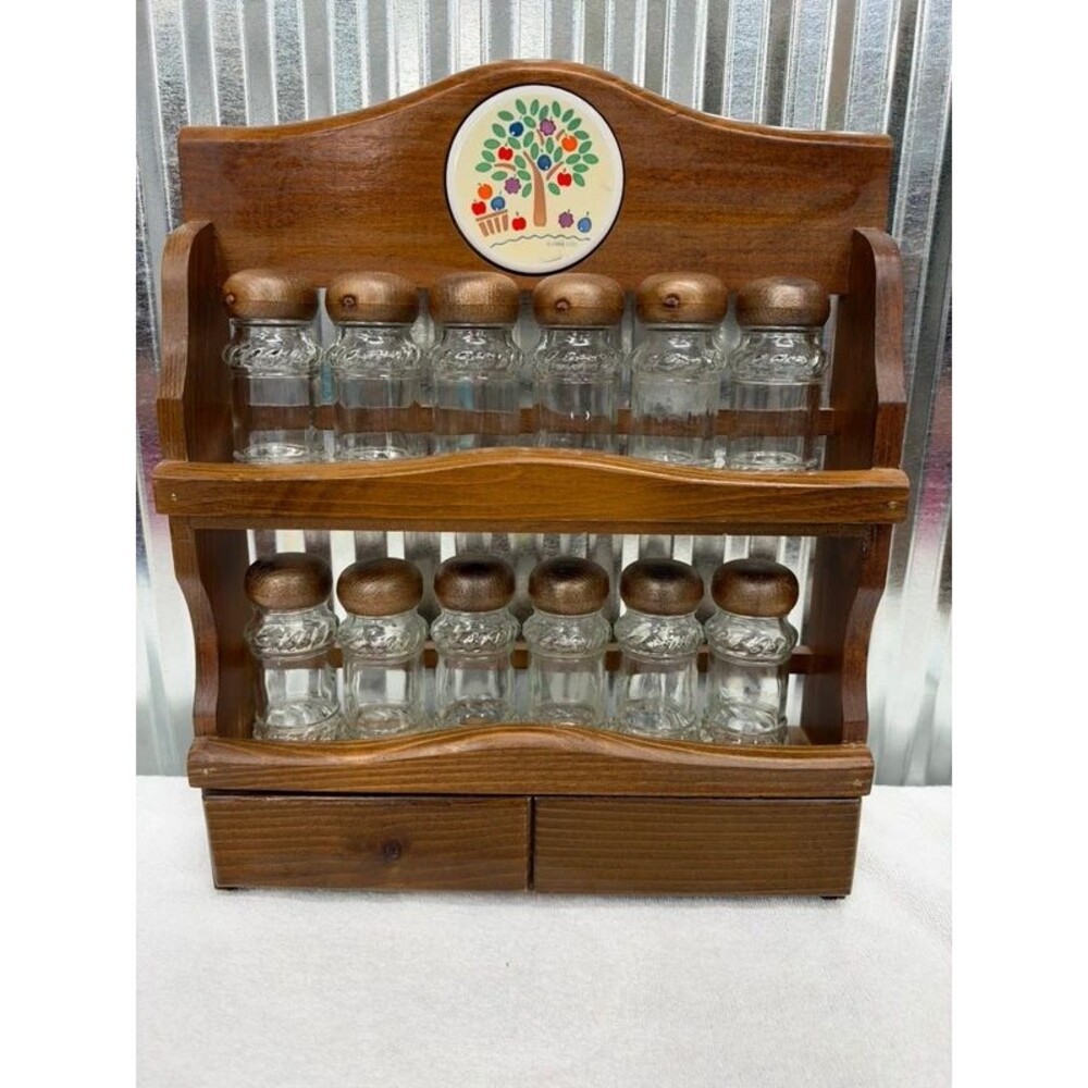 Vintage 1984 New Avenues Orchard Wooden Spice Rack 12 Glass Jars
